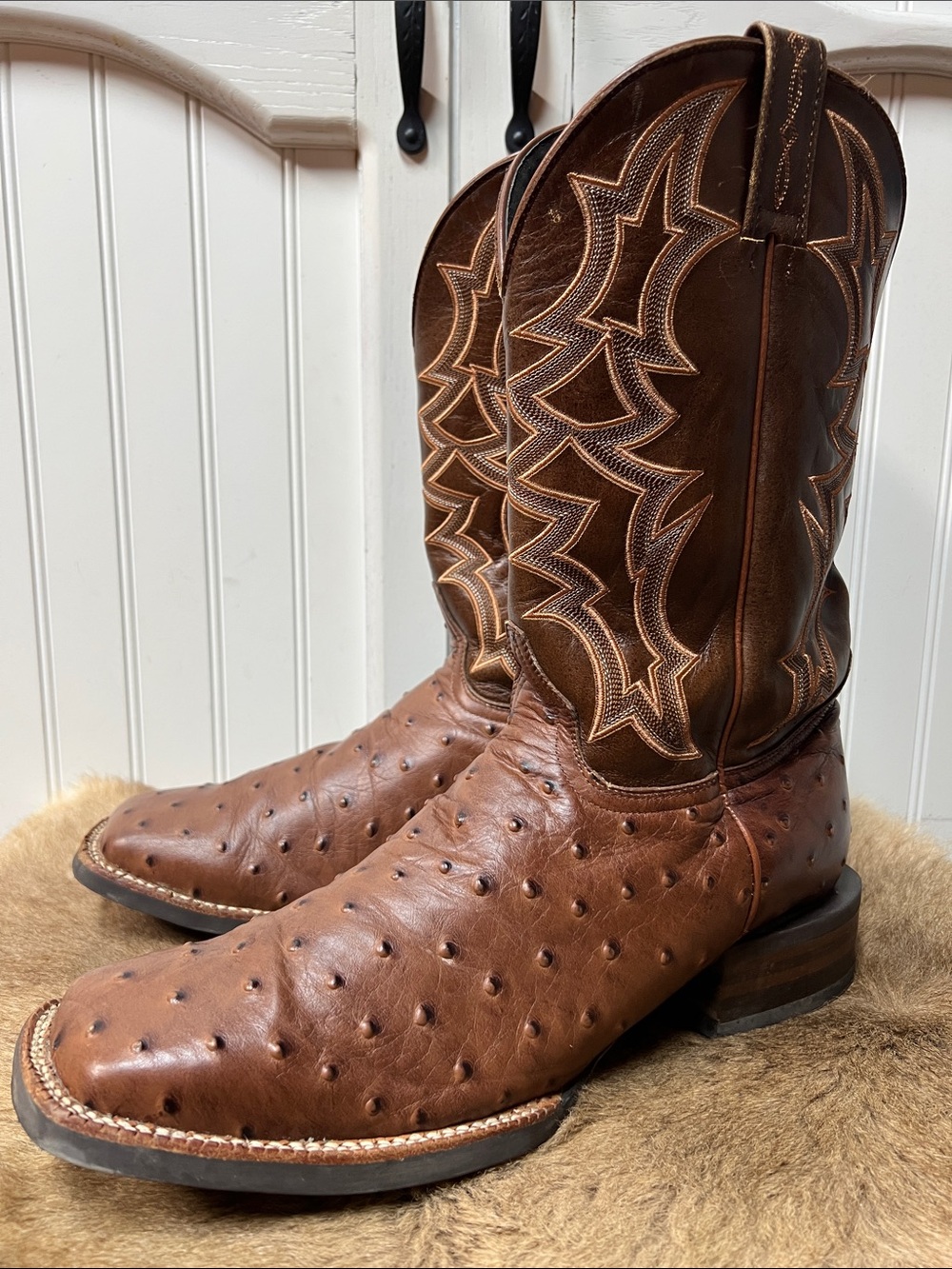 Cavender’s Ostrich Square Toe Western Cowboy Boots 12 Like New